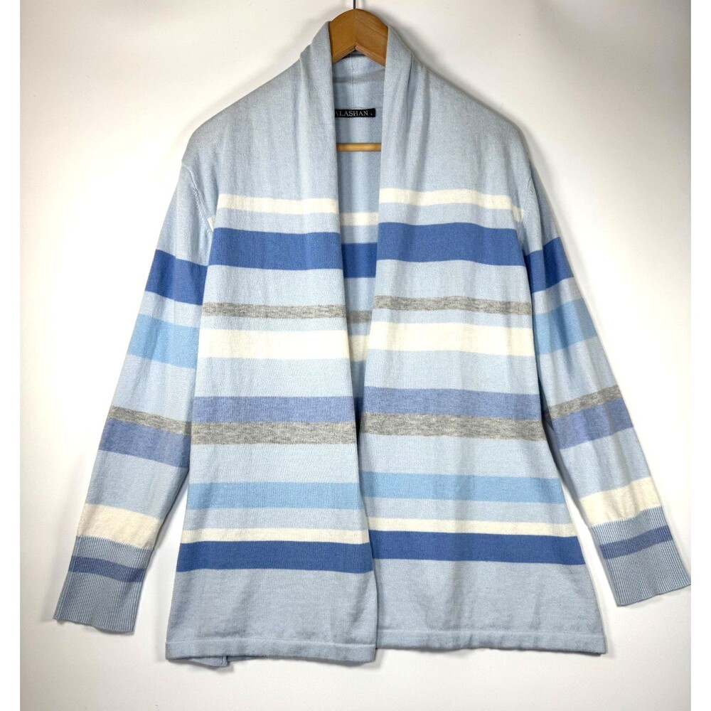 Alashan Womens Open Front Cardigan Sweater Large Blue Gray Stripe Cashmere Blend